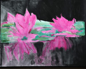 Blossoms in reflection were painted by resident Eleanor McCarthy.