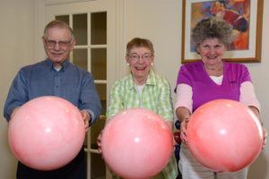 Fitness balls are a terrific addition to any exercise regimen. Residents will be given proper instruction to assist in ensuring good posture, strengthening abdominal muscles and aiding overall spine health. Featured from left to right are residents Richard Raczkowski, Betty Lincoln, and Joanne Joyce.