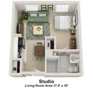 Overhead view of 3D floor plan for a studio assisted living apartment