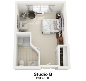 Overhead view of 3D floorplan for Studio B apartment