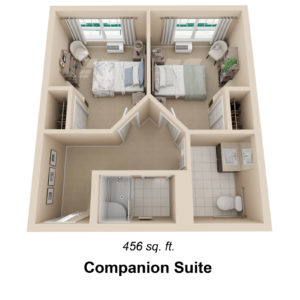 Overhead view of 3D floor plan for Memory Care Companion Suite