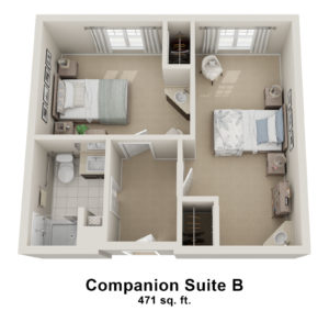 3D overhead floor plan view of Allerton House Companion Suite B
