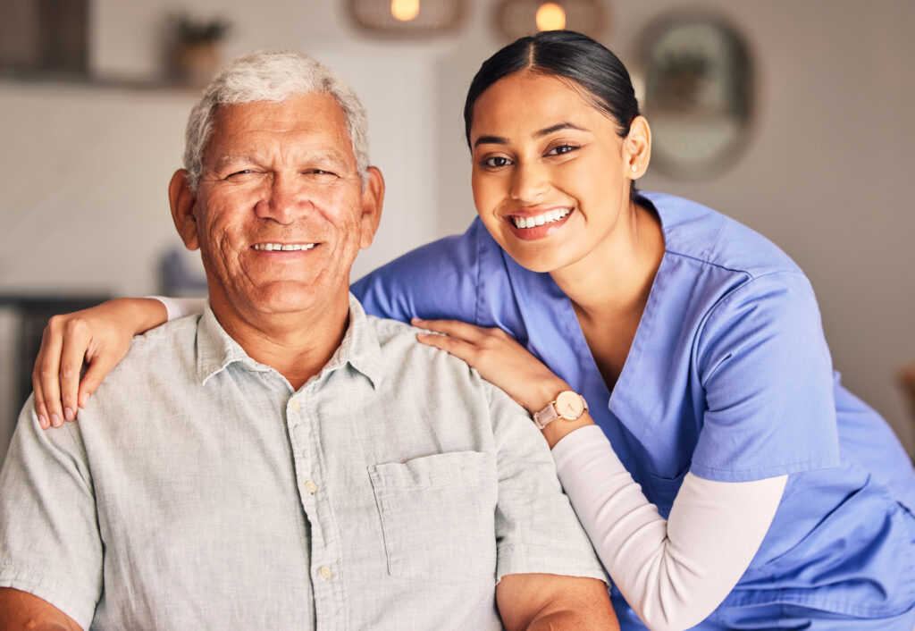 Happy nurse and senior man