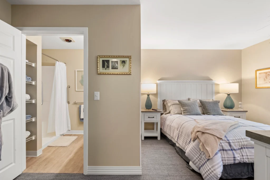 Allerton House Hingham apartment view of bedroom and bathroom